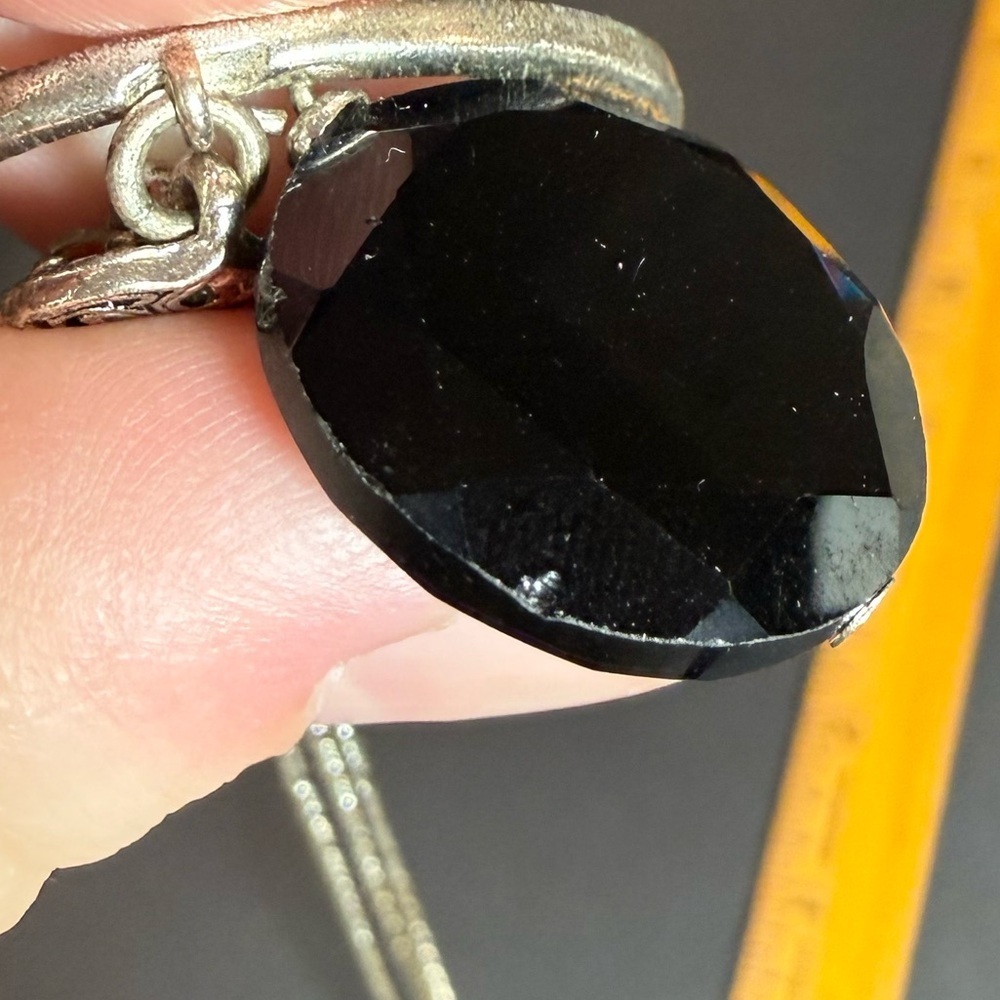 Etienne Aigner Silver Tone Double Chain Pendant Necklace – Black Stone - Picture 10 of 10
